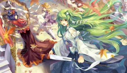 Anime characters Kanako Yasaka, Sanae Kochiya, and Flandre Scarlet are depicted in traditional Japanese clothes, surrounded by autumn leaves in a vibrant, HD wallpaper.