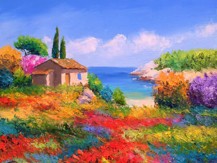 Colorful artistic painting of a Tuscan house by the ocean, vibrant flower-filled field and cypress trees — HD PC desktop wallpaper background.