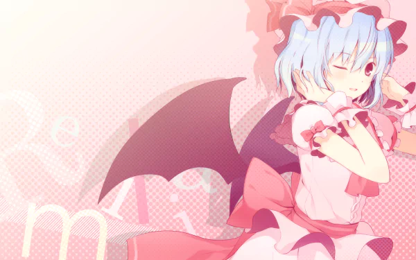 HD anime desktop wallpaper featuring Remilia Scarlet from Touhou, showcasing her with bat wings and a red and white outfit against a soft pink background.