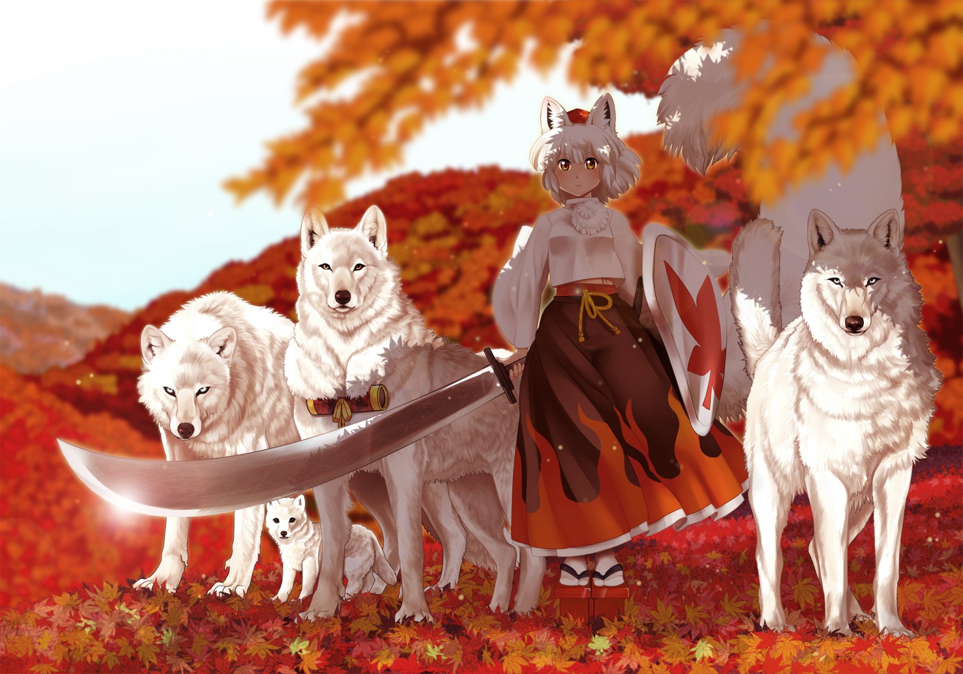 Anime-style HD desktop wallpaper featuring Momiji Inubashiri from Touhou, standing with four white wolves in a vibrant autumn forest setting.