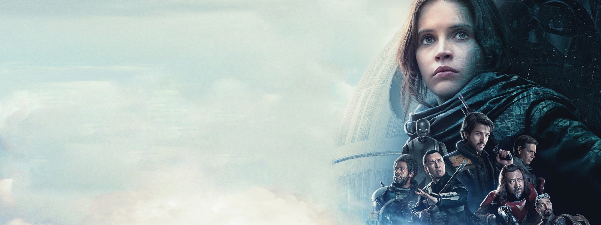 HD wallpaper featuring characters from Rogue One: A Star Wars Story, showcasing a dramatic scene with a focus on the lead character against a cosmic backdrop.