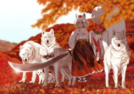 Anime-style HD desktop wallpaper featuring Momiji Inubashiri from Touhou, standing with four white wolves in a vibrant autumn forest setting.