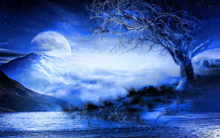 HD fantasy landscape wallpaper featuring a glowing full moon, bright stars, silhouetted tree, misty mountains, and a serene blue sky over calm water.