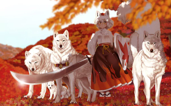 Anime-style HD desktop wallpaper featuring Momiji Inubashiri from Touhou, standing with four white wolves in a vibrant autumn forest setting.