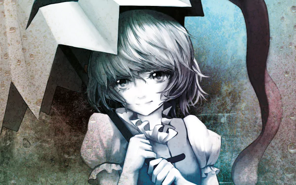 HD PC desktop wallpaper featuring Kogasa Tatara from the Touhou anime series, showcasing a monochrome and textured artistic style.