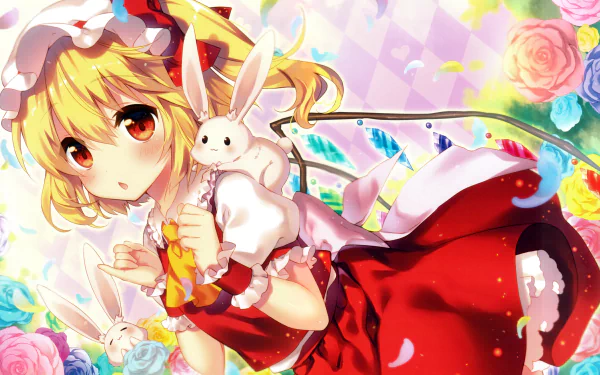 Flandre Scarlet (Touhou) anime in 4K Ultra HD PC desktop wallpaper and background: red-dressed girl with frilled bonnet clutching a white rabbit amid roses and kaleidoscopic colors.