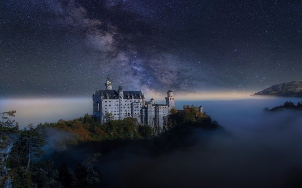 Man Made Neuschwanstein Castle Castles Germany Castle Night Fog Starry Sky Milky Way Stars HD Wallpaper | Background Image