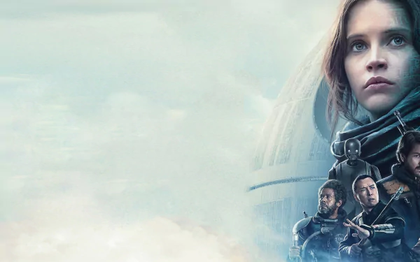 HD wallpaper featuring characters from Rogue One: A Star Wars Story, showcasing a dramatic scene with a focus on the lead character against a cosmic backdrop.