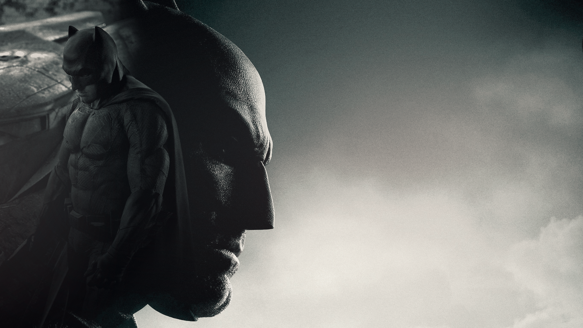 HD PC desktop wallpaper featuring Batman from the movie Batman V Superman: Dawn of Justice with a dramatic, shadowed profile against a misty background.