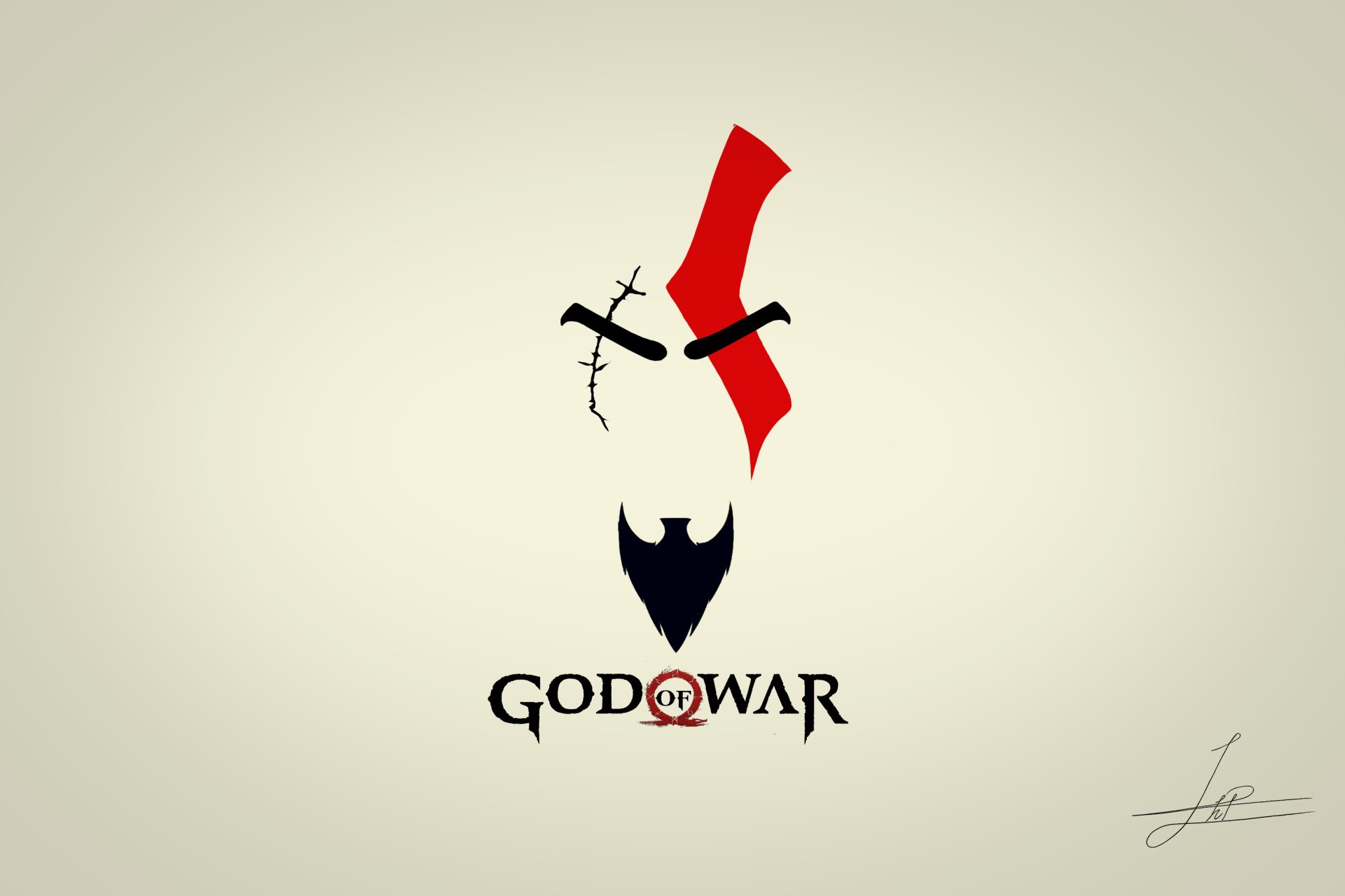 Minimalist HD desktop wallpaper inspired by the video game God of War, featuring simplified icons of weapons and the game's logo against a clean, beige background.