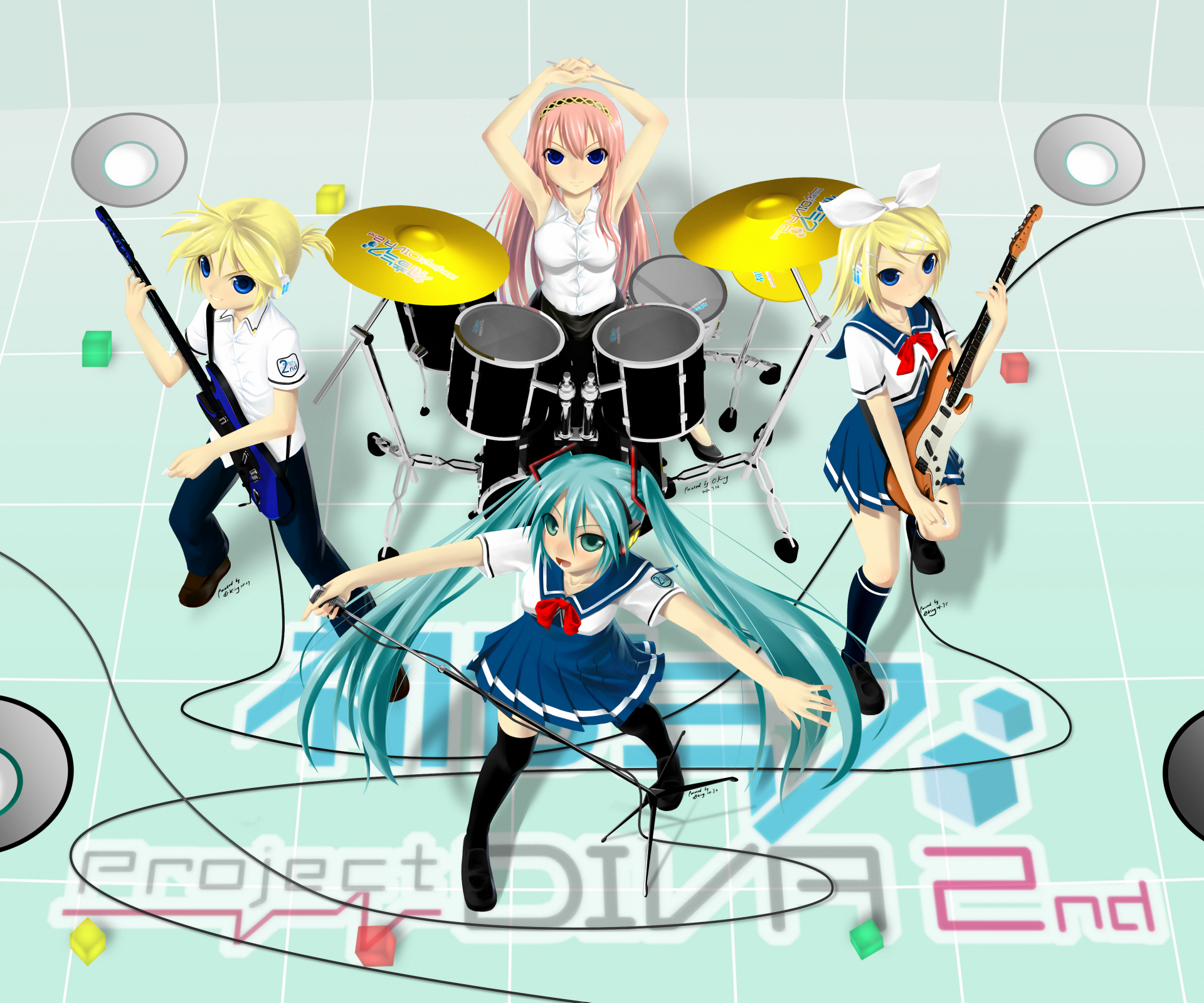 Anime Vocaloid band: Hatsune Miku center, Luka Megurine on drums, Rin and Len Kagamine with guitars — Project DIVA F 2nd / Project Diva art, 2K Quad HD PC wallpaper