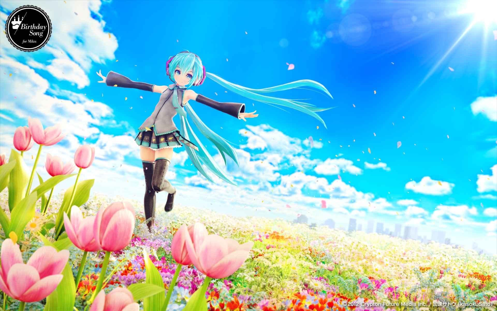 A vibrant 4K Ultra HD wallpaper featuring Hatsune Miku, the popular Vocaloid character, joyfully dancing among colorful tulips under a bright blue sky.