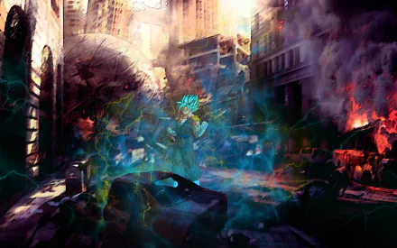 A dynamic HD wallpaper featuring Vegetto from Dragon Ball Super amidst a chaotic, post-apocalyptic cityscape filled with vibrant colors and energy.