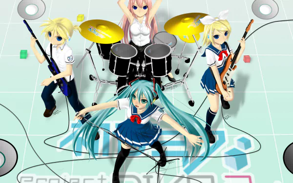 Anime Vocaloid band: Hatsune Miku center, Luka Megurine on drums, Rin and Len Kagamine with guitars — Project DIVA F 2nd / Project Diva art, 2K Quad HD PC wallpaper