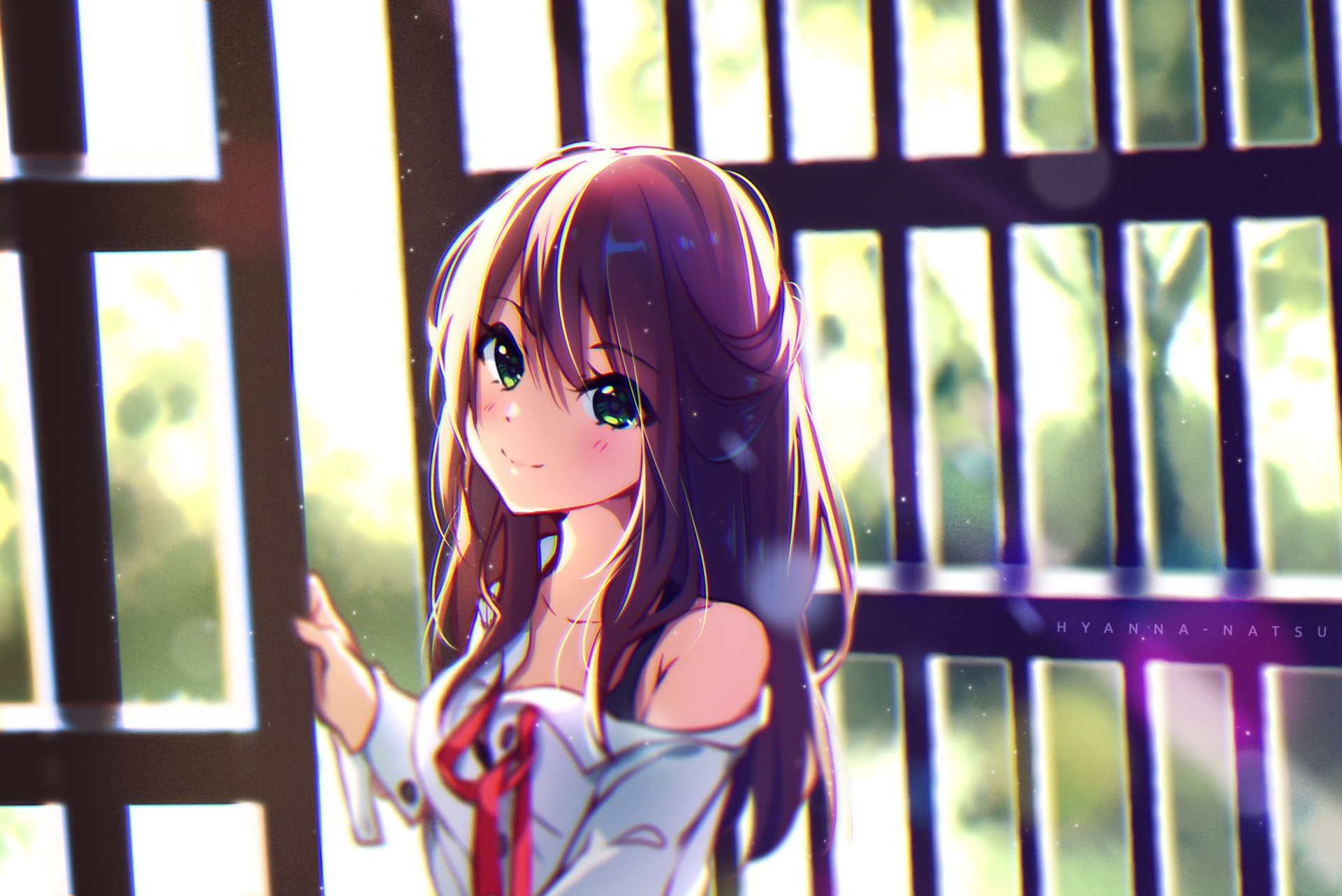 HD desktop wallpaper featuring an original anime character with long brown hair and green eyes, standing in front of a window with sunlight streaming through, creating a serene and peaceful ambiance.