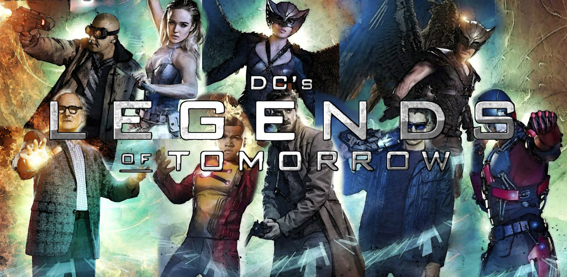 HD desktop wallpaper featuring characters from DC's Legends of Tomorrow, including Atom, Captain Cold, Rip Hunter, Firestorm, Hawkman, Hawkgirl, White Canary, and Heat Wave.