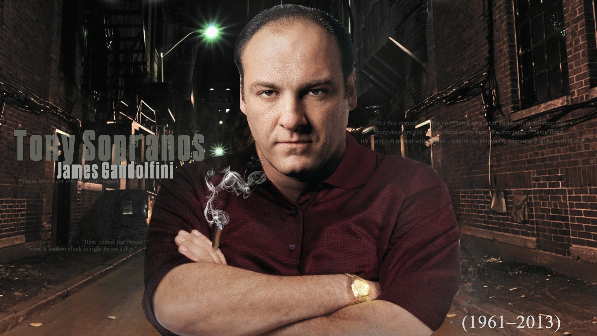 HD PC desktop wallpaper of a stern, middle-aged man in a maroon shirt with arms crossed in a dim urban alley, cigarette smoke curling; stylized text names TV show The Sopranos and dates 1961–2013.