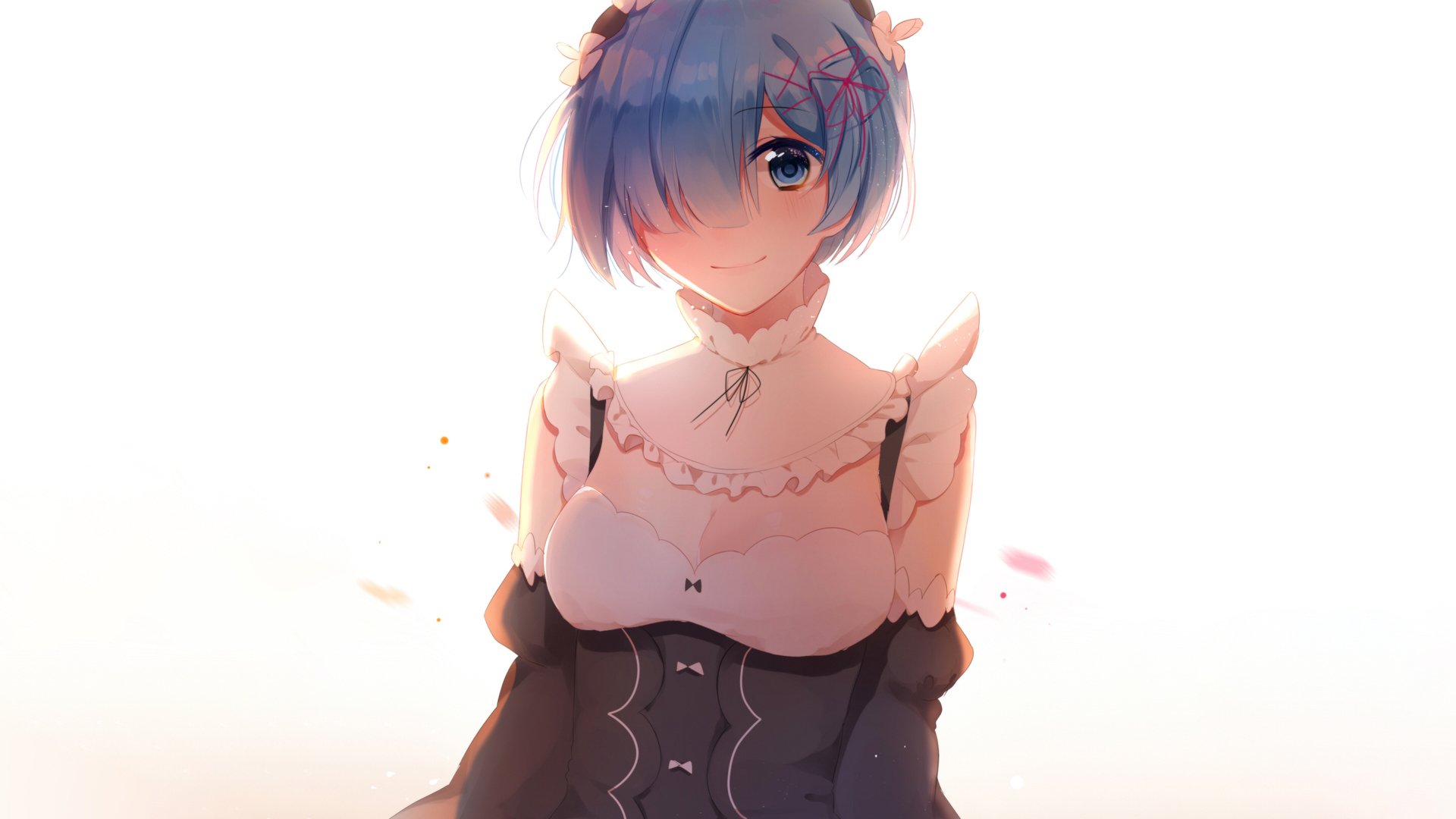 HD PC desktop wallpaper featuring Rem from the anime Re:Zero - Starting Life in Another World, showcasing her with soft lighting and delicate floral accents.