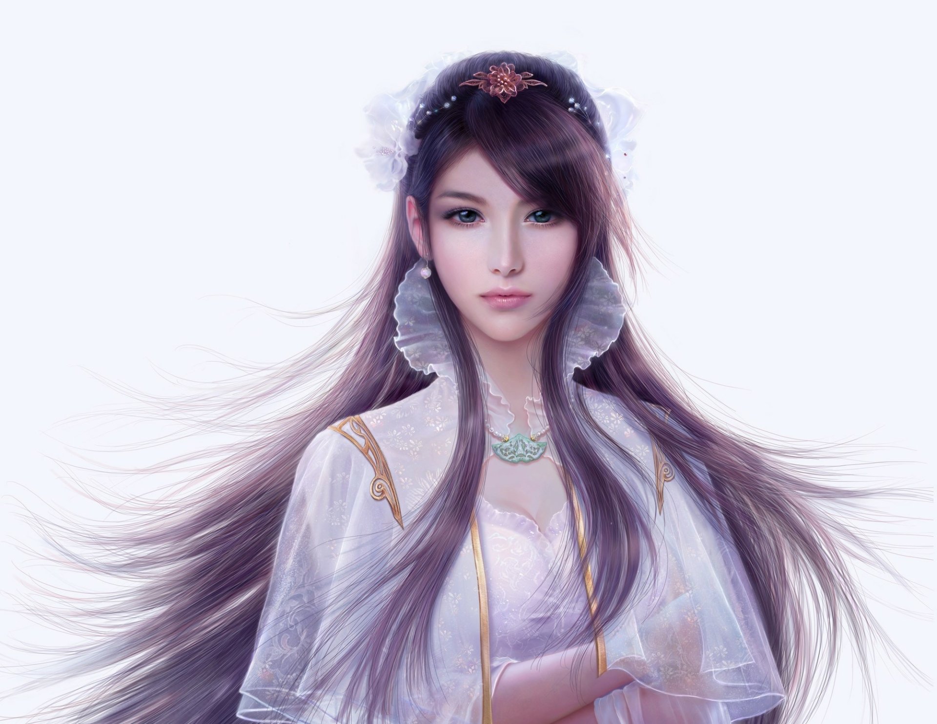 A stunning fantasy-themed HD wallpaper featuring a woman with long purple hair and Asian features, embodying elegance and grace in a beautifully detailed setting.