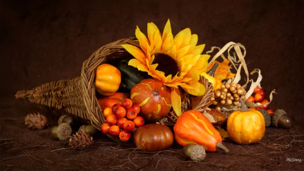 HD desktop wallpaper featuring a fall still life with a wicker cornucopia, sunflower, yellow flower, nuts, berries, gourds, and pumpkins on a warm brown background.