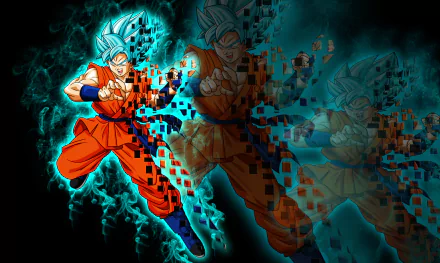 A dynamic HD wallpaper featuring Goku from Dragon Ball Super, showcasing his iconic blue-haired form in a powerful, action-packed pose with vibrant energy effects.