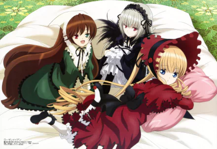 4K Ultra HD anime wallpaper featuring Suiseiseki, Shinku, and Suigintou from Rozen Maiden, depicted lounging together on a soft surface with a floral background.