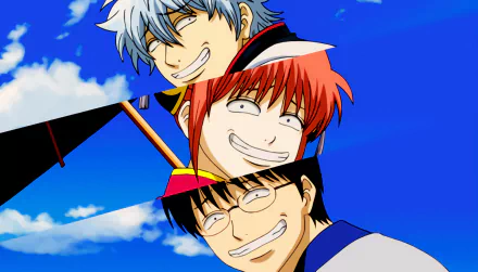 HD desktop wallpaper featuring Gintoki Sakata, Kagura, and Shimura Shinpachi from the anime Gintama. The characters are smiling widely against a bright blue sky with clouds in the background.