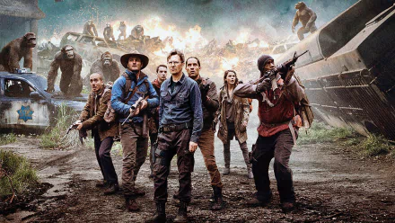 HD PC desktop wallpaper of Dawn of the Planet of the Apes movie: armed humans and apes grouped amid wrecked trains and overgrown ruins under a stormy sky.