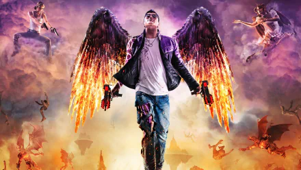 HD PC desktop wallpaper from the video game Saints Row: Gat Out Of Hell featuring a character with flaming wings and guns amid a fiery, chaotic background.