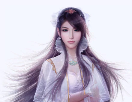 A stunning fantasy-themed HD wallpaper featuring a woman with long purple hair and Asian features, embodying elegance and grace in a beautifully detailed setting.