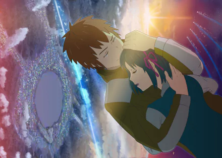HD anime desktop wallpaper featuring Taki Tachibana and Mitsuha Miyamizu from Your Name., embracing against a vibrant cosmic and earth backdrop.