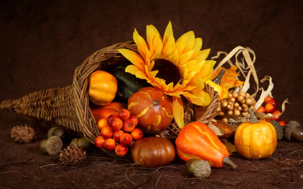 HD desktop wallpaper featuring a fall still life with a wicker cornucopia, sunflower, yellow flower, nuts, berries, gourds, and pumpkins on a warm brown background.