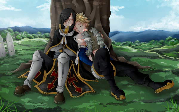 Rogue Cheney and Sting Eucliffe from Fairy Tail rest against a tree in a peaceful anime landscape, featured in an HD PC desktop wallpaper.