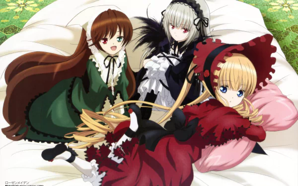 4K Ultra HD anime wallpaper featuring Suiseiseki, Shinku, and Suigintou from Rozen Maiden, depicted lounging together on a soft surface with a floral background.