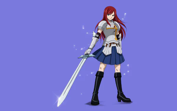4K Ultra HD anime wallpaper featuring Erza Scarlet from Fairy Tail, standing confidently with her sword against a solid purple background.