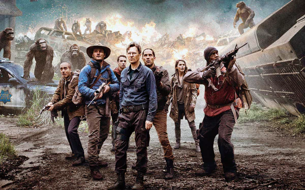 HD PC desktop wallpaper of Dawn of the Planet of the Apes movie: armed humans and apes grouped amid wrecked trains and overgrown ruins under a stormy sky.