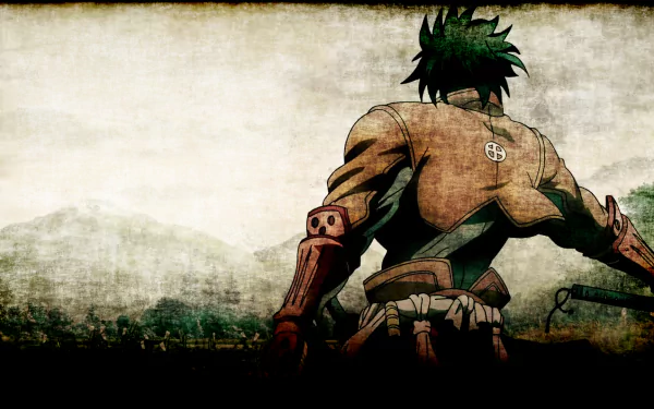 A striking HD wallpaper featuring Toyohisa Shimazu from the anime Drifters, showcasing his back against a scenic, textured background with mountains.