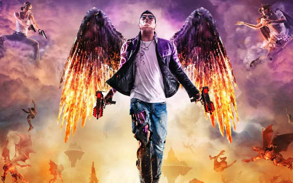 HD PC desktop wallpaper from the video game Saints Row: Gat Out Of Hell featuring a character with flaming wings and guns amid a fiery, chaotic background.