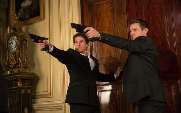 Two agents from Mission: Impossible - Rogue Nation are aiming guns in a dramatic scene, set against an ornate backdrop of wood and decor. HD wallpaper captures the intense moment.