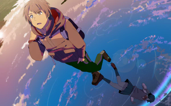 A stunning 4K Ultra HD wallpaper featuring Taki Tachibana from the anime Your Name, set against a vibrant, swirling background of earth and sky.