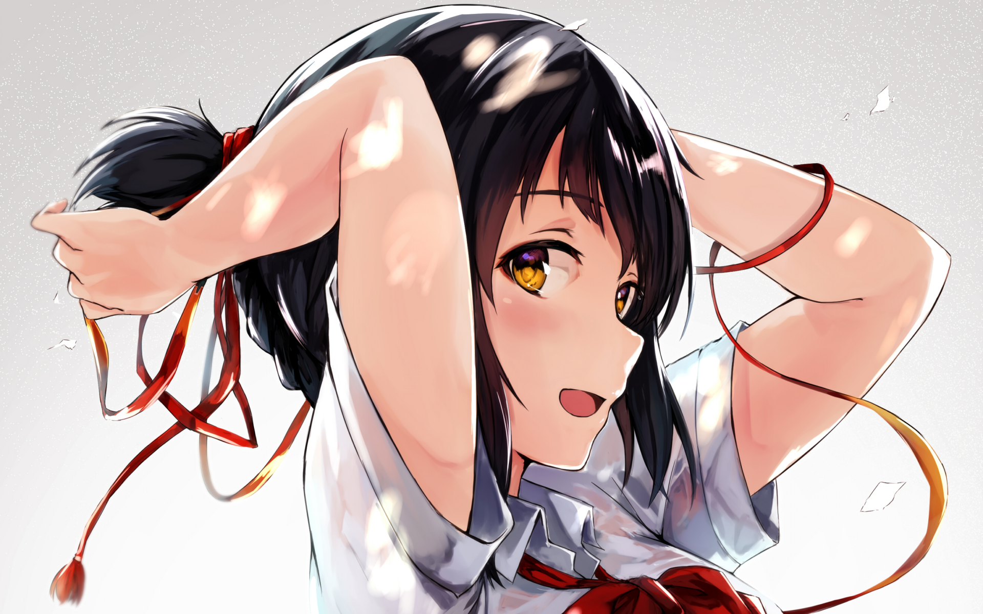 Anime HD desktop wallpaper featuring Mitsuha Miyamizu from Your Name, posing with her arms raised, showcasing vibrant colors and a lively expression.