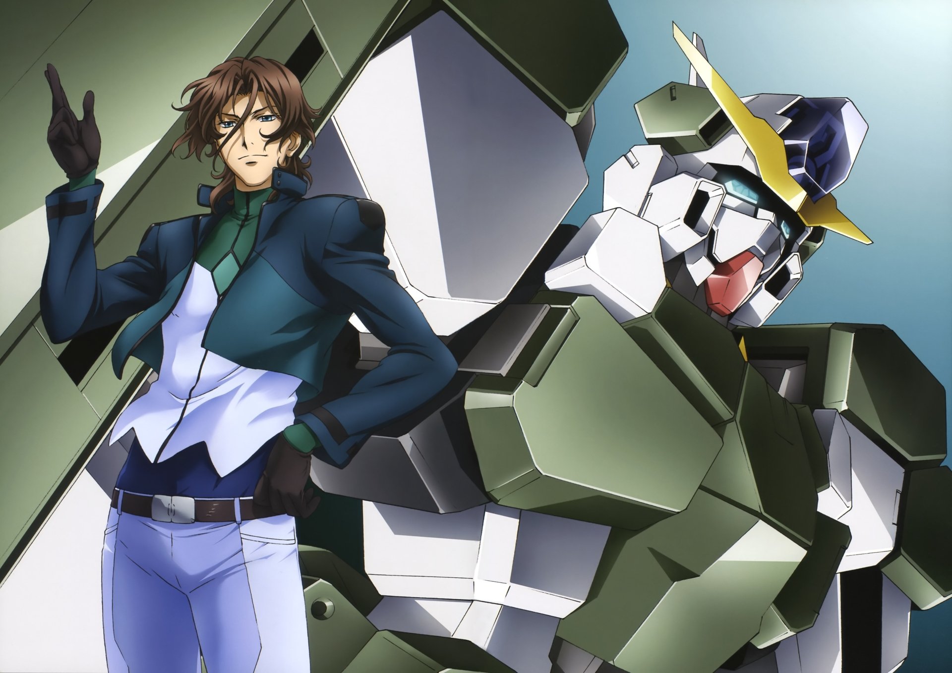 Anime Mobile Suit Gundam 00 5K Ultra HD PC desktop wallpaper and background, a pilot in a dark jacket leans against a green mobile suit, dramatic close-up of mech and character.