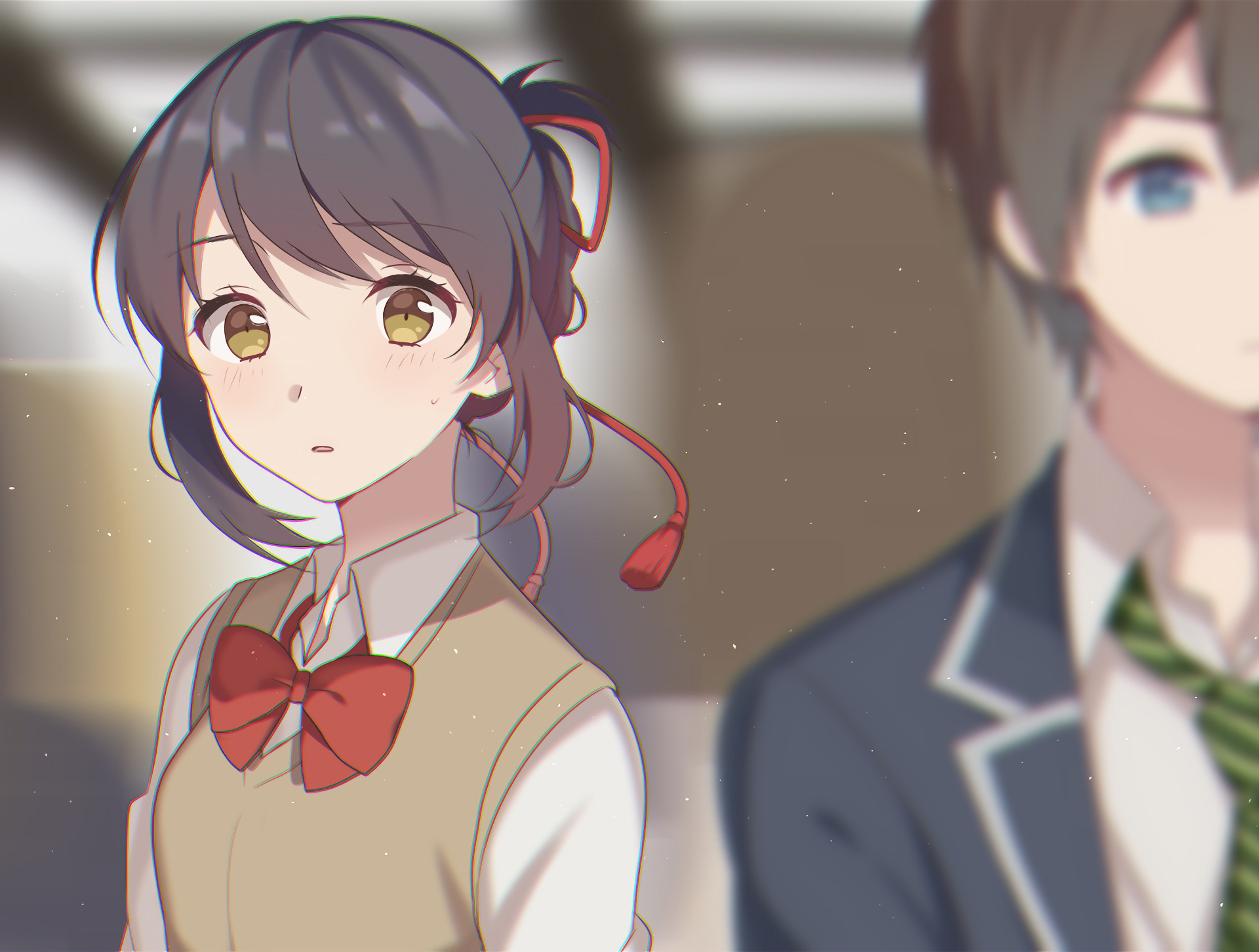 HD desktop wallpaper of Taki Tachibana and Mitsuha Miyamizu from the anime Your Name. displaying a detailed anime illustration.