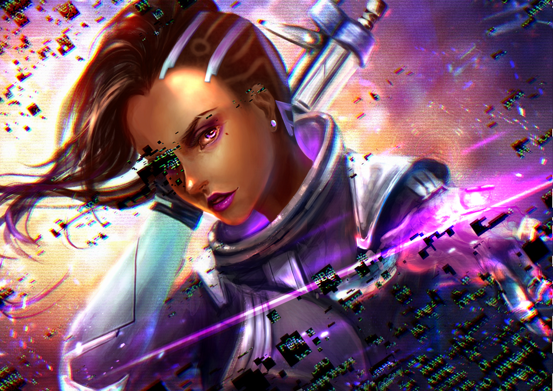 HD PC desktop wallpaper featuring Sombra from the video game Overwatch, showcasing her dynamic pose with vibrant colors and futuristic digital effects.