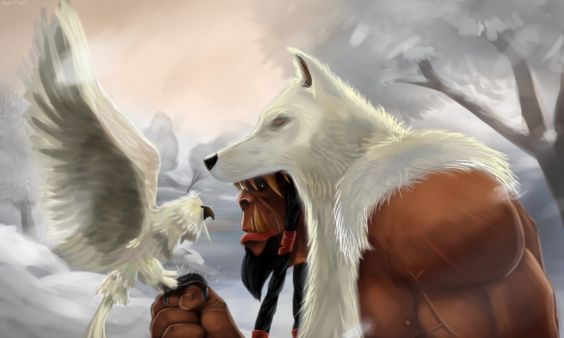 An orc warrior with a wolf-like head interacts with a white bird, set against a misty background, inspired by the World of Warcraft video game. HD desktop wallpaper.