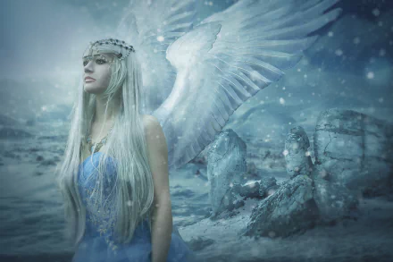 A fantasy angel with long white hair stands in a snowy winter landscape, surrounded by ethereal light and soft snowfall, creating a serene and captivating atmosphere.