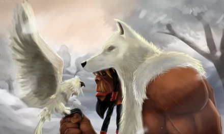 An orc warrior with a wolf-like head interacts with a white bird, set against a misty background, inspired by the World of Warcraft video game. HD desktop wallpaper.