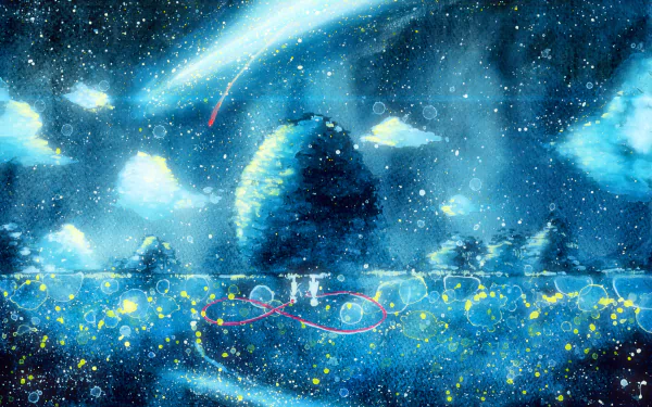 HD desktop wallpaper featuring an enchanting anime scene from Your Name. with Taki Tachibana and Mitsuha Miyamizu. The background showcases a serene, starry night with luminous elements.