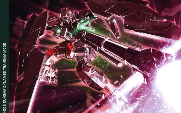 HD anime wallpaper featuring a dynamic Mobile Suit Gundam 00 mecha in battle stance with glowing weapons and energy effects against a dark, vibrant background.