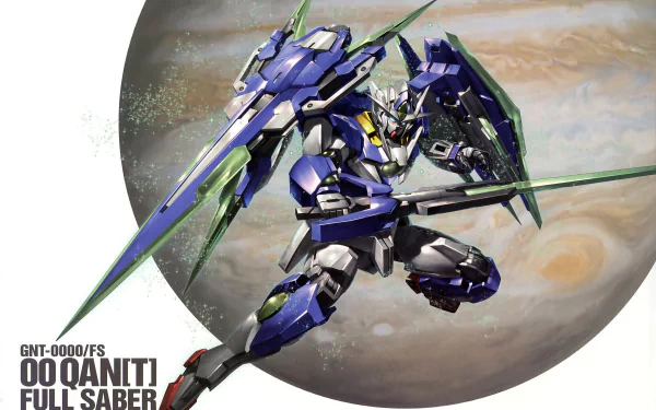 4K Ultra HD anime desktop wallpaper featuring the GN-0000/FS 00 QAN[T] Full Saber mobile suit from Mobile Suit Gundam 00 poised in front of a planet backdrop.